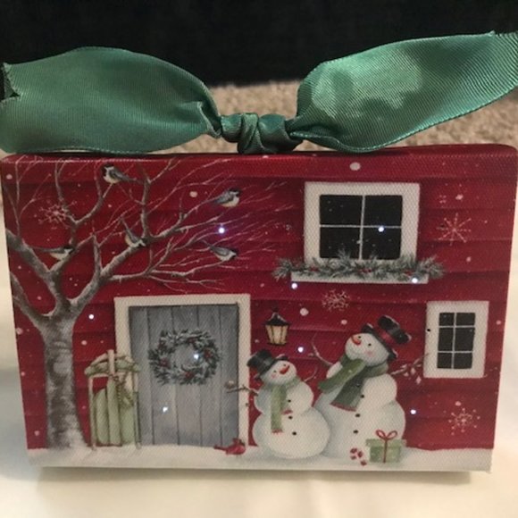 Canvas SNOWMEN Scene Blinking Light-up Picture Art w/Green Ribbon. 4x6" - Picture 1 of 3
